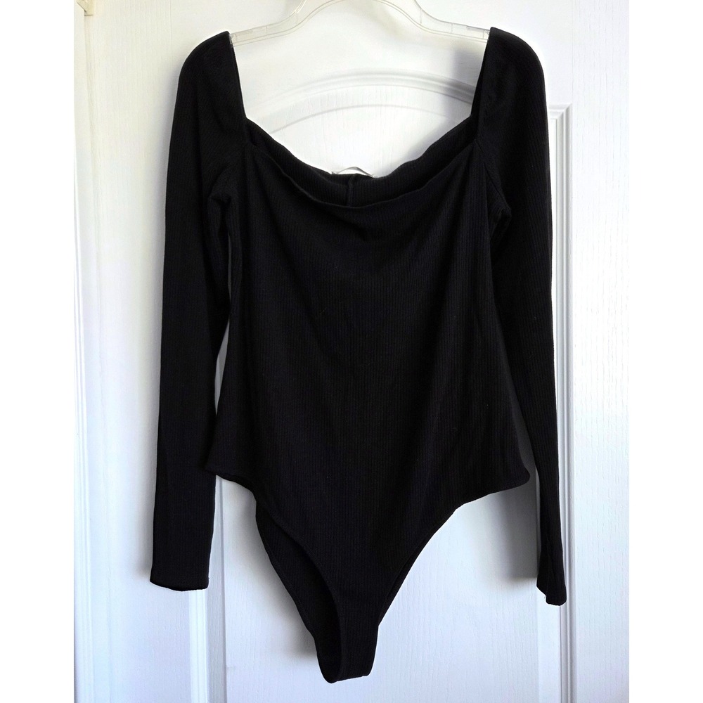 Reformation Jeans Gaia Black Rib Square Neck Long Sleeve Bodysuit 1X Tencel Knit